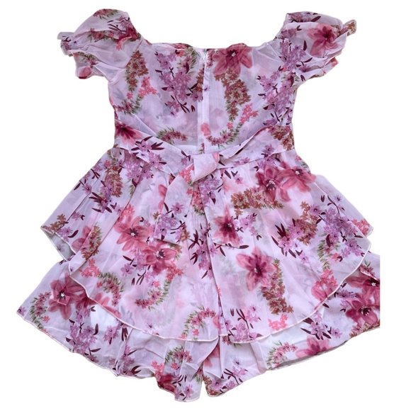 Womens Boho Romper Large L Pink-Floral Off The Shoulder Lined Ruffle Layered - Picture 6 of 13